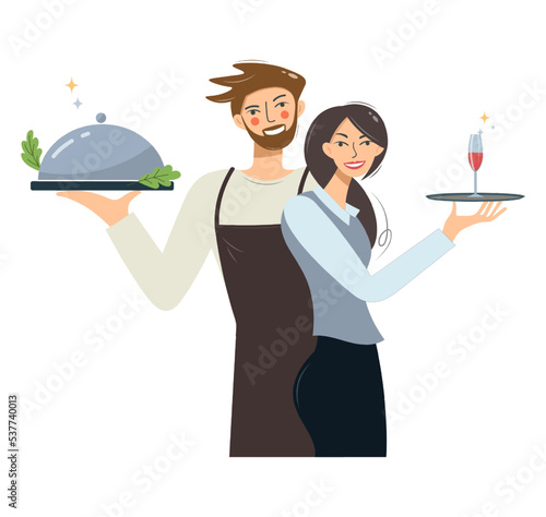 Restaurant waiter and waitress. Flat design vector illustration. Working professions, woman and man, cooks and waiters. Chef, cook and restaurant professional worker in uniform with aprons with trays.