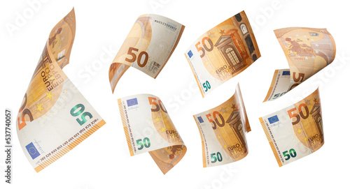 50 euro flying on white background. Euro Union banknotes at different angles photo