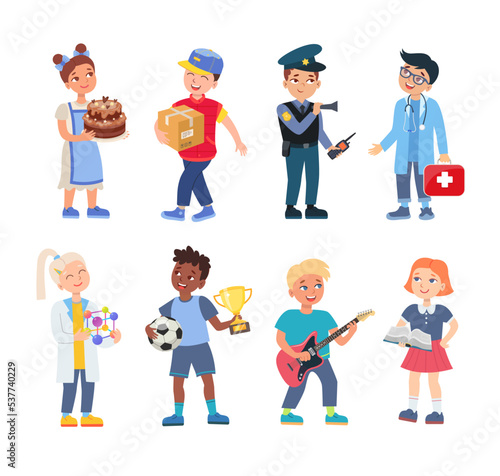 Kids in professional uniform set. Vector illustrations of children choosing future profession. Cartoon pastry chef postman policeman doctor scientist soccer musician isolated on white. Job concept