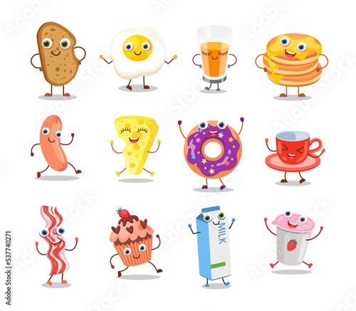 Funny happy characters of morning food set. Vector illustrations of cute menu for restaurant, cafe or home. Cartoon fried eggs and bacon, donut, bread, sausage isolated on white. Breakfast concept