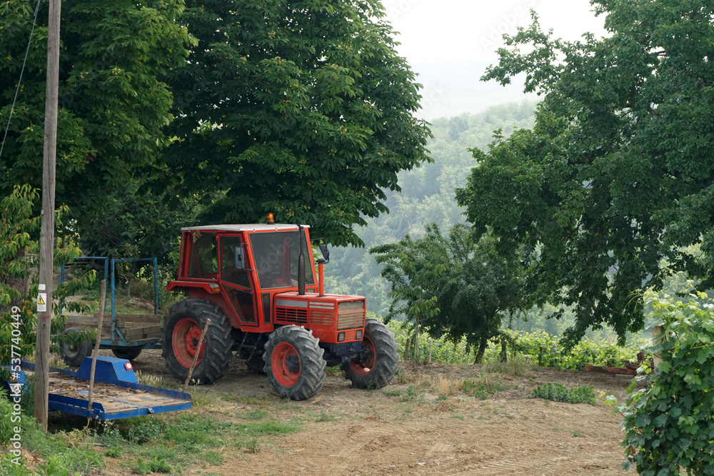 Primo piano di trattore in tenuta vinicola della Franciacorta, Italia Primo piano di trattore in tenuta vinicola della Franciacorta, Italia