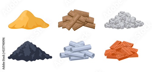 Heaps of building materials cartoon vector illustration set. Piles of stones, wooden planks, sand, metal, red bricks isolated on white background. Construction materials concept