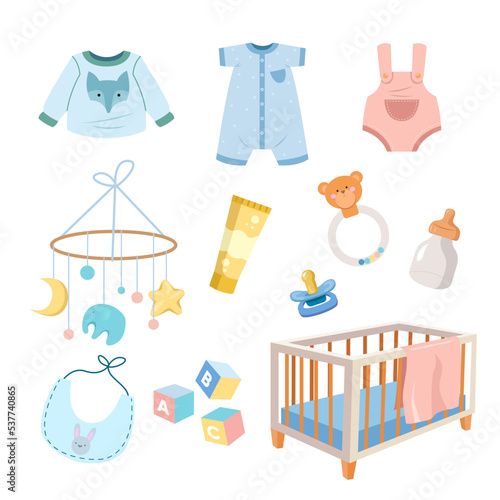 Accessories and clothes for newborns vector illustrations set. Cradle, toys and clothes for babies, furniture and decorations for nursery room isolated on white background. Childhood concept