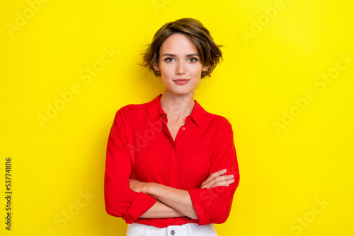 Tableau sur toile Portrait of cheerful good mood nice confident woman with bob hairdo dressed red