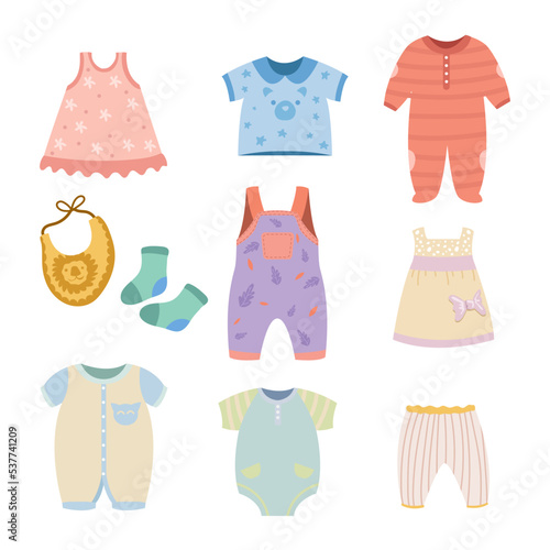 Clothes for little baby boys and girls set. Vector illustrations of cute garment for infant kids. Cartoon pants dress shirt jumpsuit romper isolated on white. Toddler apparel, childish fashion concept