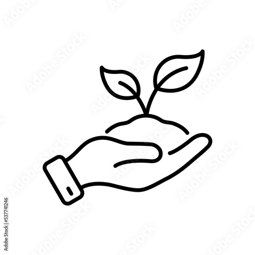 Hand Hold Organic Leaf in Soil Line Icon. Cultivation Greenery Ecology Plant Linear Pictogram. Germinating Eco-Agriculture Outline Symbol. Editable Stroke. Isolated Vector Illustration
