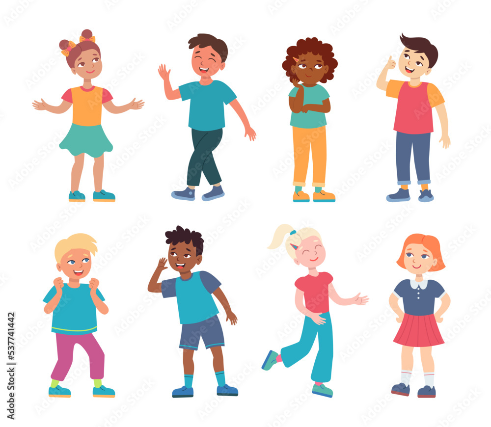 Multicultural happy kids set. Vector illustrations of diverse young characters. Cartoon international boys and girls in different costumes isolated on white. Kindergarten, childhood, ethnicity concept Multicultural happy kids set. Vector illustrations of diverse young characters. Cartoon international boys and girls in different costumes isolated on white. Kindergarten, childhood, ethnicity concept