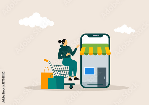 Women use smartphones in shopping carts to buy something, shopping online concept. vector illustration.