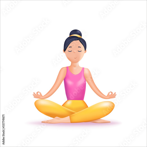 Meditation 3D illustration. Happy calm Woman meditating. Zen, yoga, meditation, relax, recreation, healthy lifestyle. Harmony and balance life. Psychology, selfcare. 3D vector