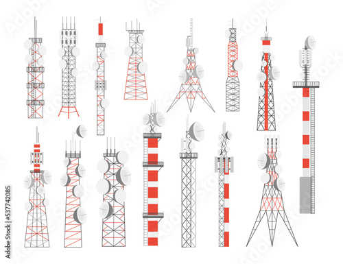 Antenna tower with satellite dishes vector illustrations set. Radio, communication or telecom transmission towers, internet, television or telephone broadcasting. Telecommunication, network concept