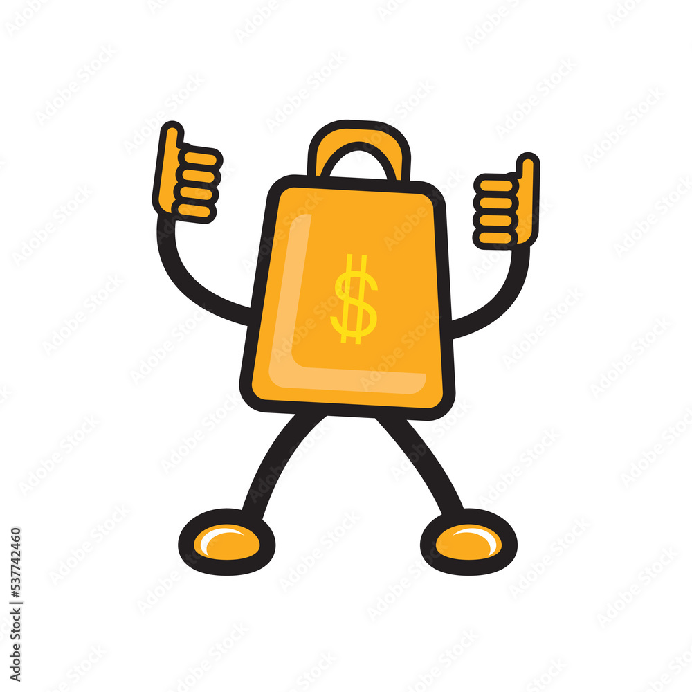 cartoon doodle mascoot illustration of a shopping bag with money logo on it.