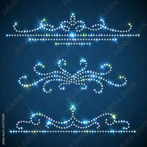 Ornate diamond headers collection - set of shiny gemstone bedazzled patterns. Vector eps10 design element set.