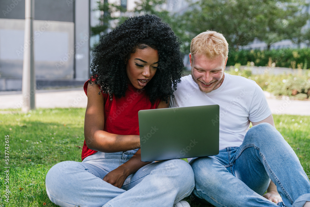 Positive diverse couple sitting on lawn and using laptop Positive diverse couple sitting on lawn and using laptop