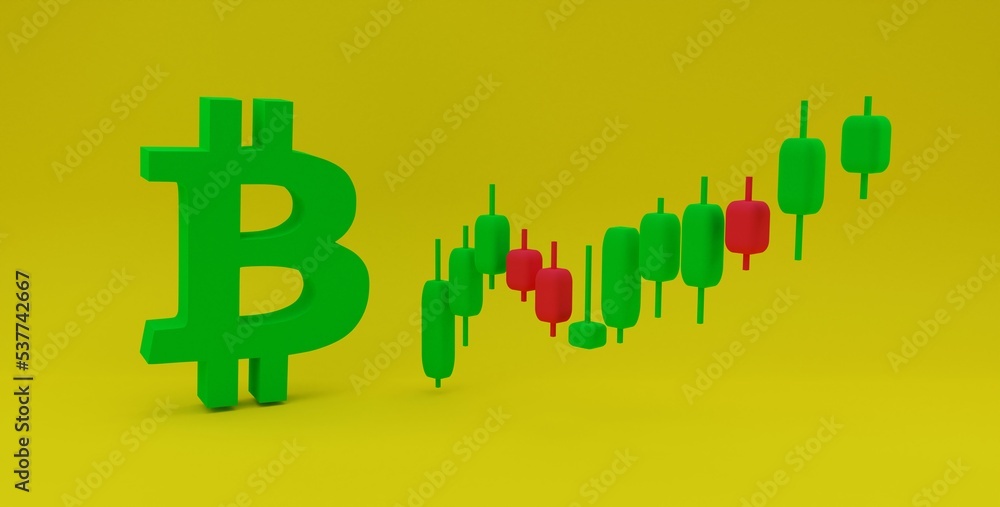 Obraz premium 3D illustration, image of Bitcoin and candlestick chart, yellow background ,3D rendering.