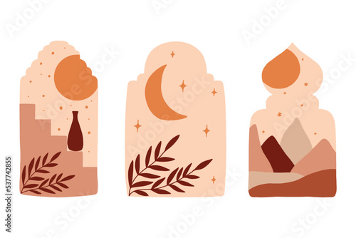 Set Poster of Islamic window and arch in oriental style with modern design in boho style, moon, stars. vector illustration.