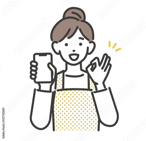 スマホを持ってOKサインをとる主婦のベクターイラスト素材／ポイ活／嬉しい
