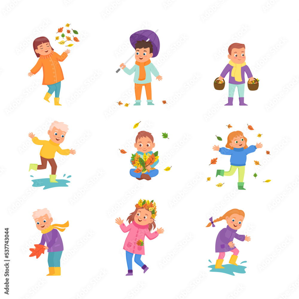 Cute cartoon children in autumn flat vector illustrations set. Little kids in warm clothes with umbrella, picking mushrooms and leafs isolated on white background. Season, outdoor activity concept Cute cartoon children in autumn flat vector illustrations set. Little kids in warm clothes with umbrella, picking mushrooms and leafs isolated on white background. Season, outdoor activity concept