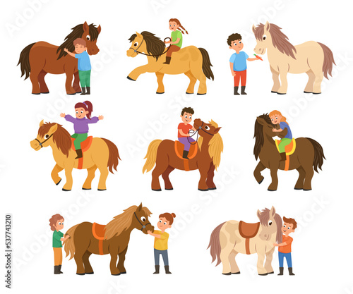 Kids riding horses set. Vector illustrations of little rider training  feeding or grooming cute brown pony. Cartoon young equestrians with farm animals isolated on white. Equitation  sport concept