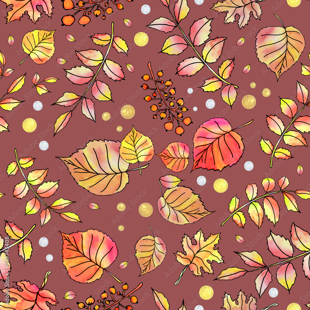 Autumn birch and rowan leaves, berries on a branch, a seamless pattern of them on a brown background.
