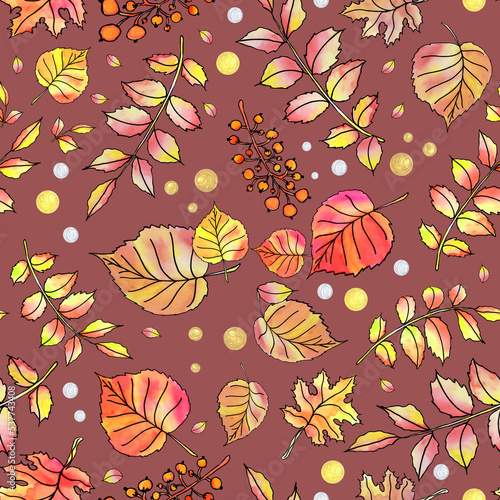 Wallpaper Mural Autumn birch and rowan leaves, berries on a branch, a seamless pattern of them on a brown background. Torontodigital.ca