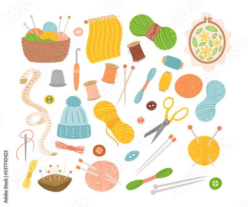 Tools for knitting and sewing flat vector illustrations set. Accessories for needlework: wool threads, scissors, needles, yarn balls, crochet isolated on white background. Hobby, handicraft concept