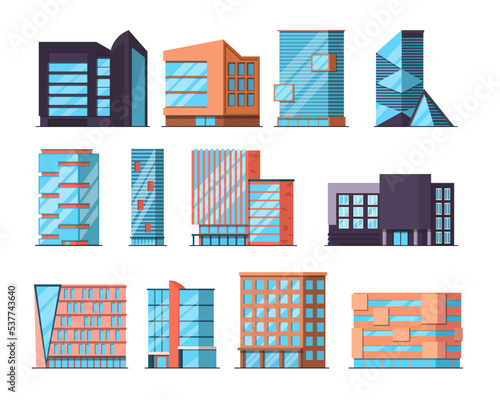 Office or apartment buildings vector illustrations set. Skyscrapers as elements of modern city for urban landscape isolated on white background. Architecture, real estate, construction concept