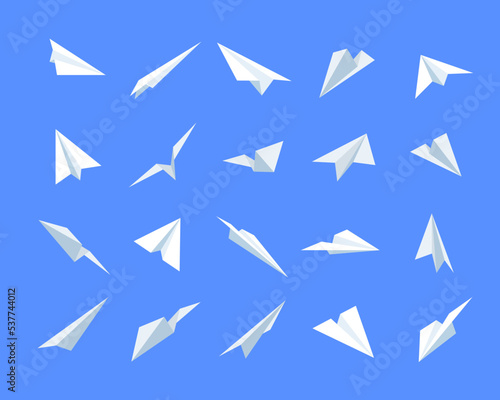 Flying paper airplanes in blue sky cartoon vector illustration set. White aircrafts flying in different directions isolated on blue air background. Message or travelling icon. Origami concept