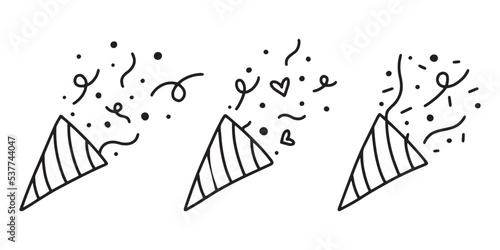 Set of popper confetti. confetti isolated, explosion, fireworks, holiday. vector drawing. hand drawn style. Doodle style
