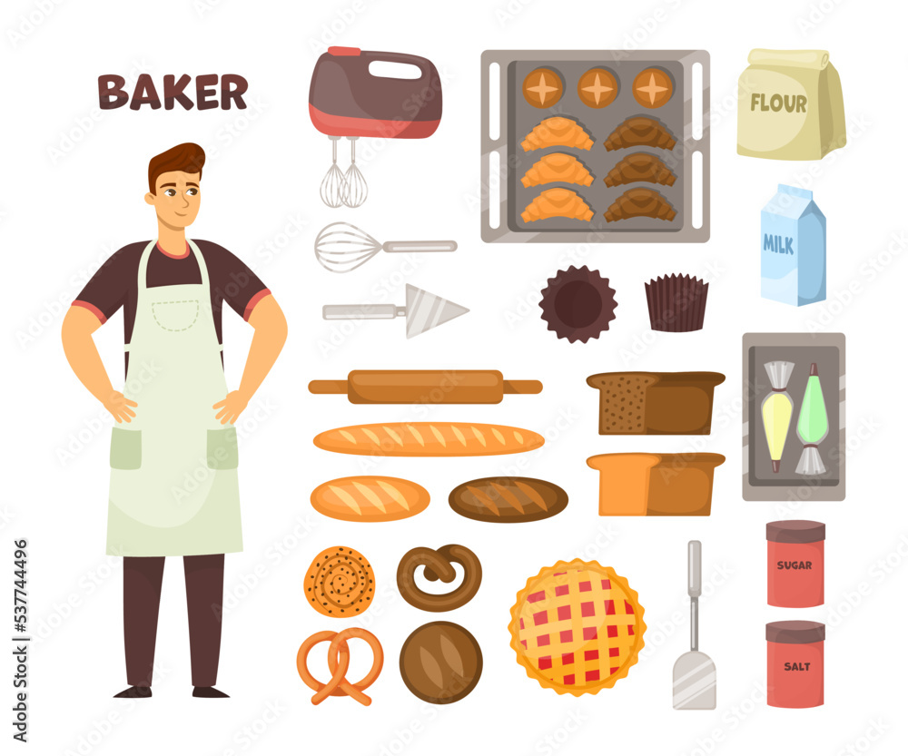 Vecteur Stock Baker and his equipment for cake, bread and other food
