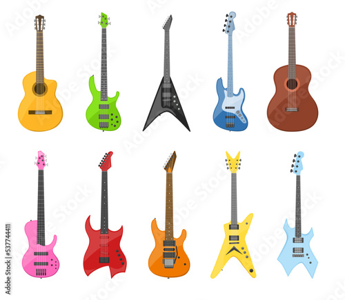 Acoustic and electric guitars cartoon vector illustration set. Colorful musical instruments for entertainment or rock band on white background. Music, hobby, guitar vintage collection concept