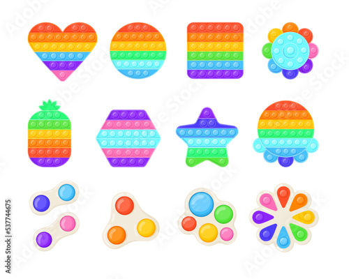Colorful pop it and simple dimple toy vector illustrations set. Popular sensory fidget toys of different shapes, rainbow colored antistress gadgets, games for kids. Toys, relaxation, anxiety concept