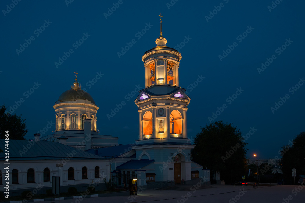 Night view of Sovetskaya Square and Pokrovsky Cathedral in the center of Voronezh on a late summer evening, Russia