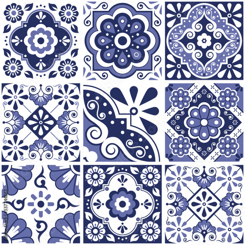 Navy blue Mexican seamless tile vector pattern big set with flowers, leaves and geoemtric shapes
