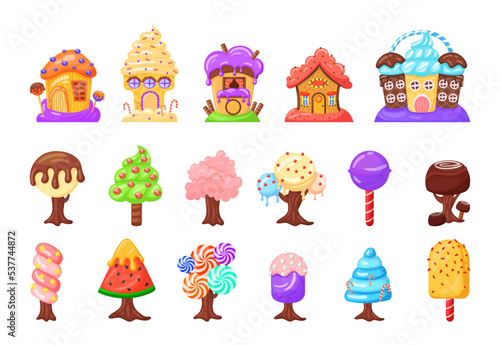 Candies in shape of trees or houses vector illustrations set. Fantasy land caramel and chocolate desserts, cupcakes, biscuits, ice cream, lollipop. Fantasy, sweet food concept for menu or game design