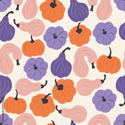 Seamless pattern of colorful hand drawn pumpkins on light background. Creative prints surface design. Playful graphic flat illustration for seasonal fall, autumn and Halloween holiday and celebration.