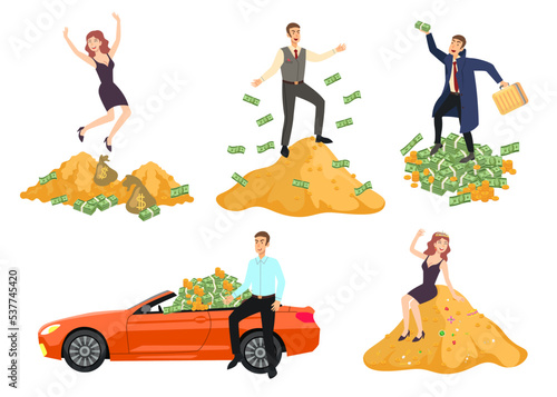 Rich people with mountain of money cartoon illustration set. Man and woman characters throwing banknotes, gold coins. Billionaire or millionaire sitting in luxury car. Wealth, businessman concept photo