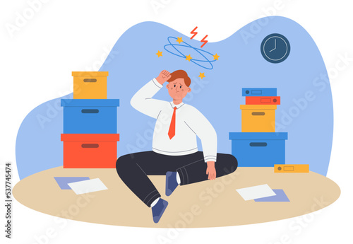 Frustrated business person sorting out paperwork. Tired office worker sitting on floor, stacks of folders and boxes with files and documents flat vector illustration. Bureaucracy, fatigue concept