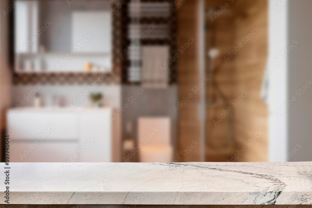 Empty marble top table with blurred bathroom interior Background. for product display. 
