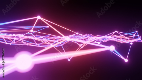 Abstract pink purple 3D polygonal wireframe structure, virtual connection network digital technology, science concept, big data visualization isolated on black background