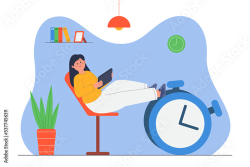 Lazy female office person procrastinating while at work. Woman daydreaming, big alarm clock flat vector illustration. Procrastination, leisure, time management concept for banner or landing web page