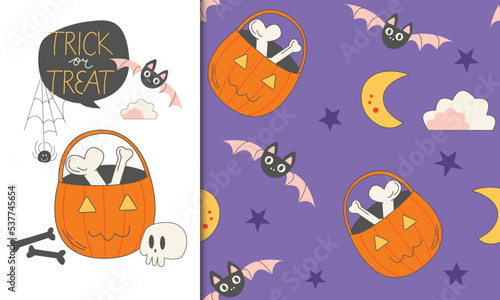 Trick or Treat greeting card template and pattern swatch of trick or treat Halloween pumpkin basket with bones, Crescent moon, stars, cute bats. Purple background. Repeatable motifs vector for October