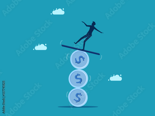 Financial instability. Businessman standing on an unstable coin. vector