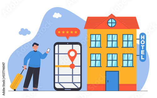 Tiny tourist character booking room in hotel via phone. Man on business trip searching for hostel online flat vector illustration. Accommodation, tourism, traveling concept for banner or landing page
