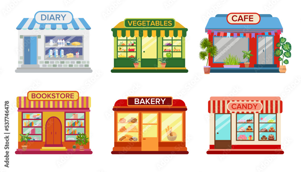 Shop and cafe exterior set. Vector illustrations of commercial buildings on city street. Cartoon bookstore, vegetable market, dairy and candy store, bakery isolated on white. Local business concept