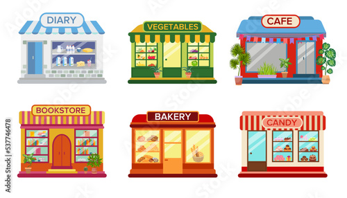 Shop and cafe exterior set. Vector illustrations of commercial buildings on city street. Cartoon bookstore, vegetable market, dairy and candy store, bakery isolated on white. Local business concept