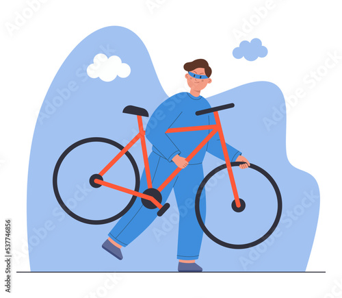 Male thief holding stolen bicycle flat vector illustration. Criminal cartoon character in mask running away after committing robbery, breaking or violating law. Theft, burglar concept