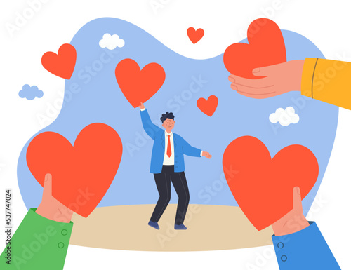 People holding hearts to man in solidarity. Happy cartoon character receiving help from charity of foundation, getting love from friends flat vector illustration. Assistance project, donation concept
