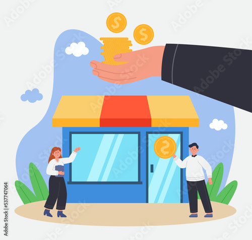 Huge hand giving money to tiny start-up entrepreneurs. Government providing financial help to business partners, making grants and subsidies flat vector illustration. Assistance, protection concept