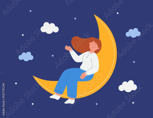 Happy calm cartoon girl sleeping on moon on blue background. Deep sleep or REM, female person dreaming or relaxing at night flat vector illustration. Relaxation, health concept for banner