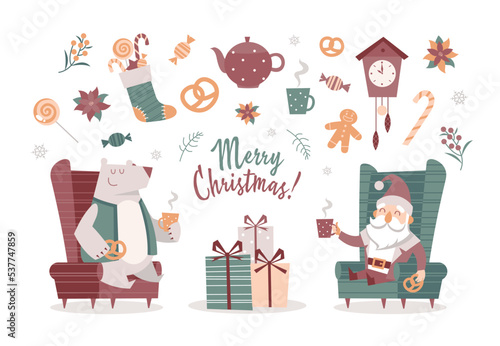 Set of cartoon isolated Christmas characters and decorative elements